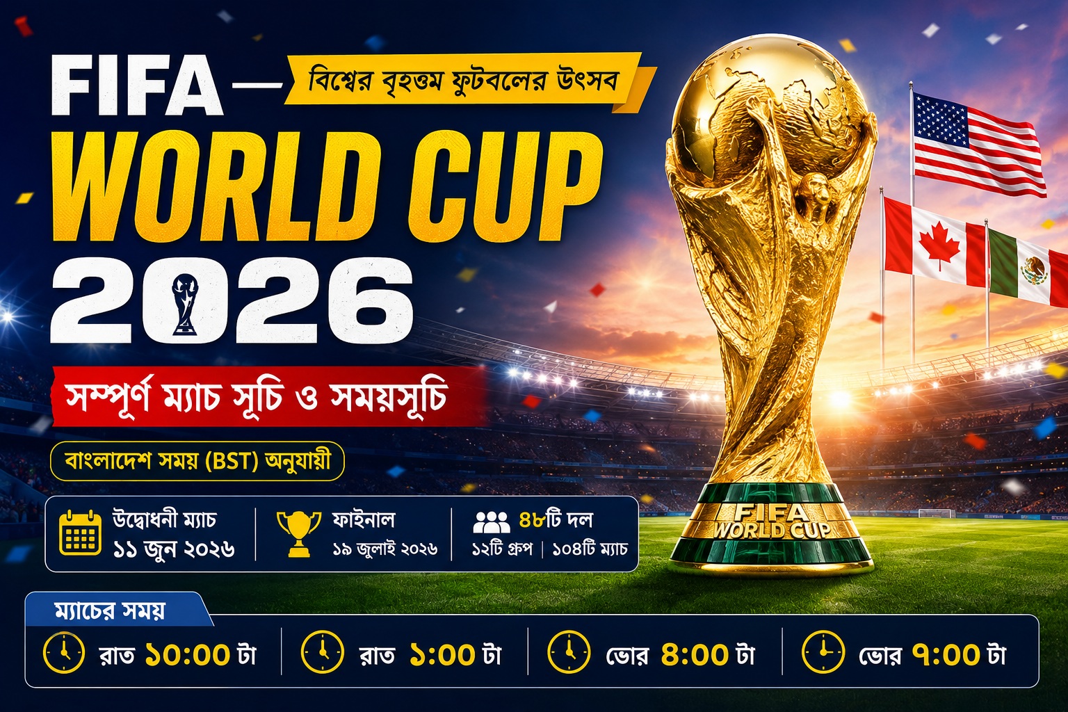 ফিফা বিশ্বকাপ ২০২৬ টাইম শিডিউল: বাংলাদেশ সময় অনুযায়ী পূর্ণাঙ্গ গাইড